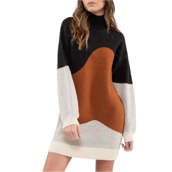 Blu Pepper Mock Neck Colorblock Sweater Dress Brown Black Oatmeal Size Large - Picture 1 of 9